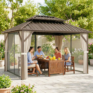 10' x 14' Hardtop Gazebo with UPF50+ Double Galvanized Steel Roof Canopy, Aluminum Frame Permanent Outdoor Gazebo with Curtains and Netting, Ceiling Hooks, Brown