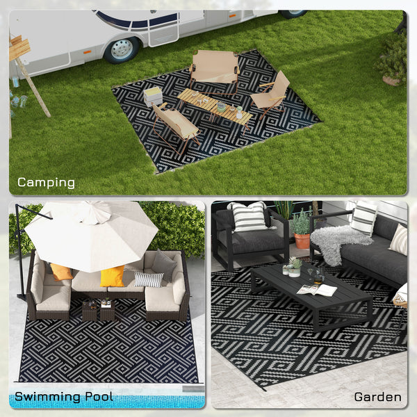 Portable Outdoor Rug with Carry Bag, 9' x 12' Reversible Mat, Waterproof Plastic Straw RV Rug for Backyard, Deck, Picnic, Beach, Camping, Black and Grey Geometric