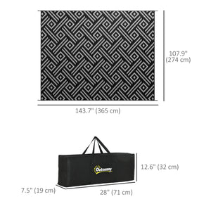Portable Outdoor Rug with Carry Bag, 9' x 12' Reversible Mat, Waterproof Plastic Straw RV Rug for Backyard, Deck, Picnic, Beach, Camping, Black and Grey Geometric