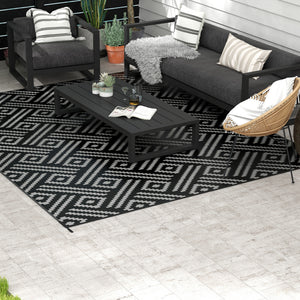 Portable Outdoor Rug with Carry Bag, 9' x 12' Reversible Mat, Waterproof Plastic Straw RV Rug for Backyard, Deck, Picnic, Beach, Camping, Black and Grey Geometric