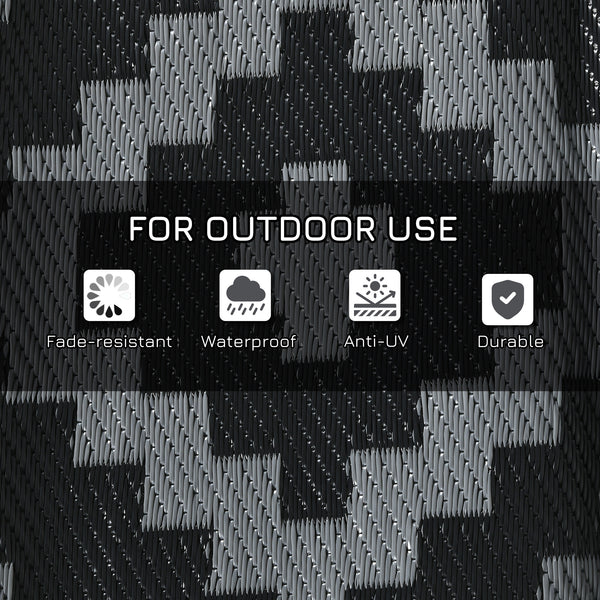 Portable Outdoor Rug with Carry Bag, 9' x 12' Reversible Mat, Waterproof Plastic Straw RV Rug for Backyard, Deck, Picnic, Beach, Camping, Black and Grey Geometric