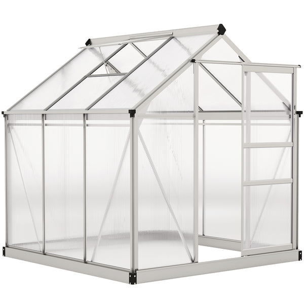 6' x 6' x 6.6' Polycarbonate Greenhouse, Walk-In Green House Kit Garden, Plants Grow, Galvanized Sheet Aluminum Frame with Rain Gutter, Vent and Sliding Door, Silver