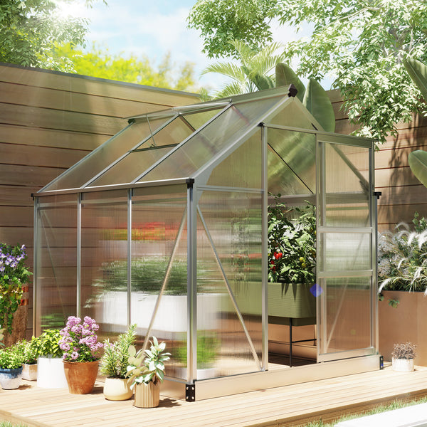 6' x 6' x 6.6' Polycarbonate Greenhouse, Walk-In Green House Kit Garden, Plants Grow, Galvanized Sheet Aluminum Frame with Rain Gutter, Vent and Sliding Door, Silver