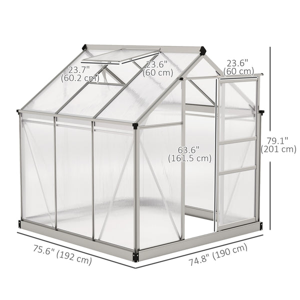 6' x 6' x 6.6' Polycarbonate Greenhouse, Walk-In Green House Kit Garden, Plants Grow, Galvanized Sheet Aluminum Frame with Rain Gutter, Vent and Sliding Door, Silver