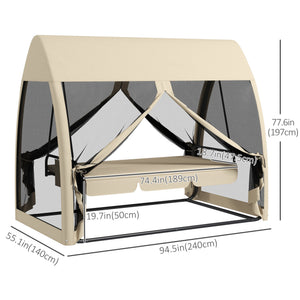 3-Seat Outdoor Swing Chair, Chaise Lounger Bed, Garden Hammock, Converting Flat Bed with Steel Stand, Canopy and Mesh Netting for Garden, Patio, Porch, Beige