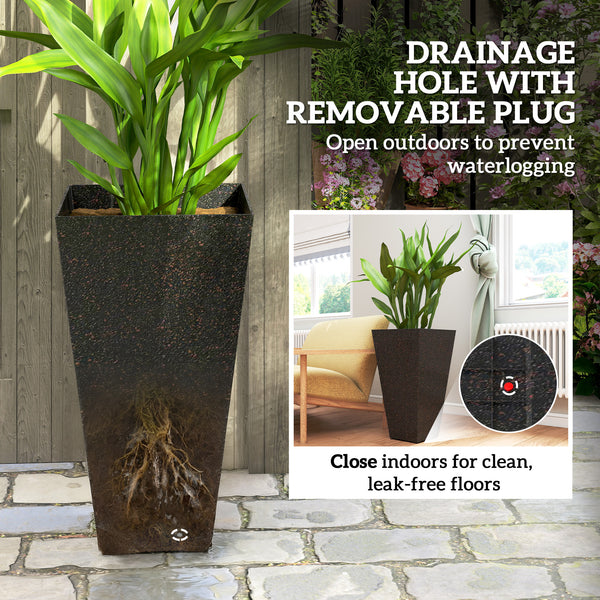28 Inch Tall Planters for Outdoor Plants, Set of 3 Plastic Flower Pots with Marble Finish and Drainage Holes, Stackable Tapered Large Planters for Indoor Plants, Front Porch Decor, Brown