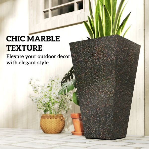 28 Inch Tall Planters for Outdoor Plants, Set of 3 Plastic Flower Pots with Marble Finish and Drainage Holes, Stackable Tapered Large Planters for Indoor Plants, Front Porch Decor, Brown