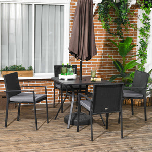 4 Seater Rattan Dining Set with Cushions, Wood Effect Metal Top Table with Umbrella Hole, PE Rattan Garden Furniture Set, Outdoor Dining Table and Chairs for Patio, Balcony, Lawn, Black