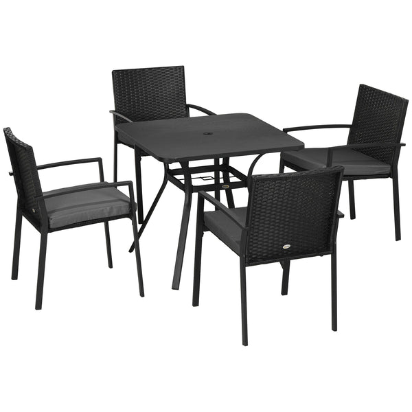 4 Seater Rattan Dining Set with Cushions, Wood Effect Metal Top Table with Umbrella Hole, PE Rattan Garden Furniture Set, Outdoor Dining Table and Chairs for Patio, Balcony, Lawn, Black