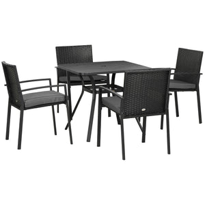4 Seater Rattan Dining Set with Cushions, Wood Effect Metal Top Table with Umbrella Hole, PE Rattan Garden Furniture Set, Outdoor Dining Table and Chairs for Patio, Balcony, Lawn, Black