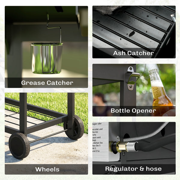 Dual Fuel BBQ Grill, Charcoal and 2+1 Gas Burner Barbecue Grill with Wheels, Warming Rack, Shelves, Thermometer, Bottle Opener, Outdoor Barbeque for Backyard Patio, Black