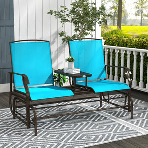 Outdoor Glider Bench with Table, Patio Loveseat for 2 Persons, Garden Glider Rocking Chair with Breathable Mesh Fabric, Blue
