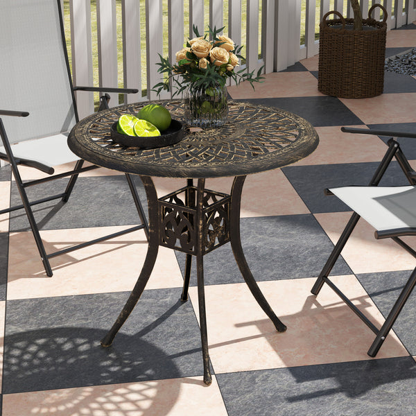 78 cm Round Garden Dining Table with Parasol Hole Antique Cast Aluminium Outdoor Table Only, Bronze Tone