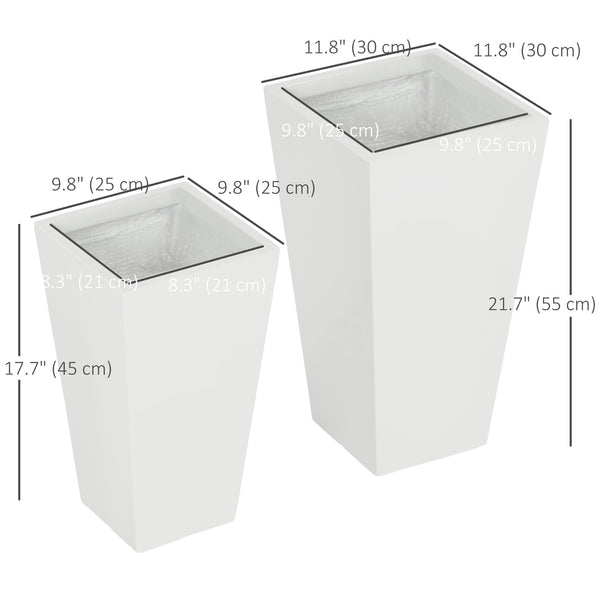 Set of 2 Tall Planters with Drainage Holes, 22" / 18" Outdoor Flower Pots for Patio, Yard, Garden, White