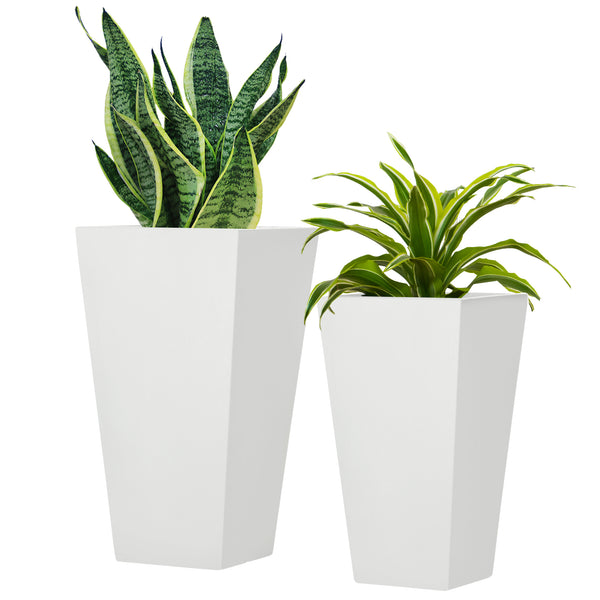 Set of 2 Tall Planters with Drainage Holes, 22" / 18" Outdoor Flower Pots for Patio, Yard, Garden, White