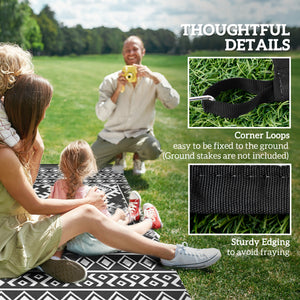 Outsunny Reversible Outdoor Rug, 9' x 18' Waterproof Plastic Straw Floor Mat, Portable RV Camping Carpet, Large Floor Mat for Backyard, Deck, Picnic, Beach, Black & White Rhombus Border