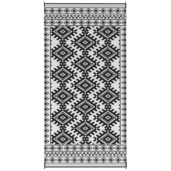Outsunny Reversible Outdoor Rug, 9' x 18' Waterproof Plastic Straw Floor Mat, Portable RV Camping Carpet, Large Floor Mat for Backyard, Deck, Picnic, Beach, Black & White Rhombus Border