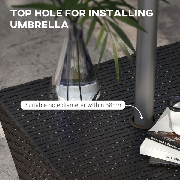 Rattan Wicker Outdoor Coffee Table, All Weather Side Table with Umbrella Hole, 2 Tier Storage Shelf, 21.3" Square End Table for Patio, Garden, Backyard, Coffee