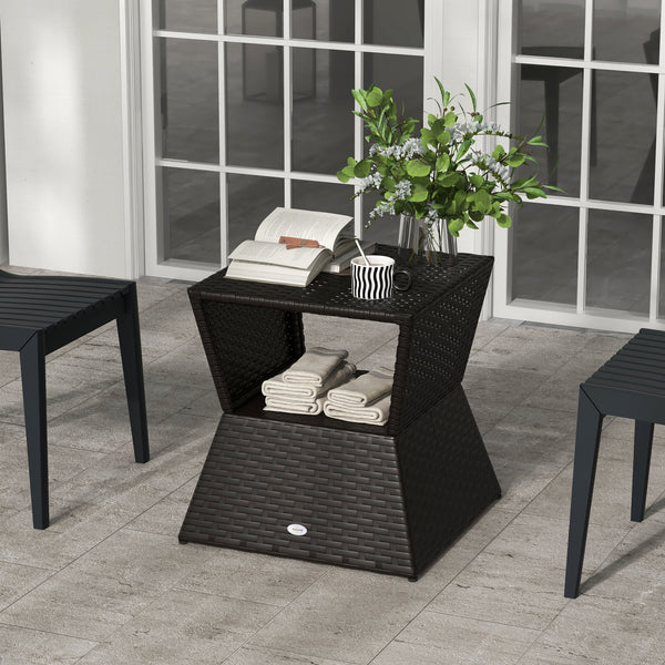 Rattan Wicker Outdoor Coffee Table, All Weather Side Table with Umbrella Hole, 2 Tier Storage Shelf, 21.3" Square End Table for Patio, Garden, Backyard, Coffee