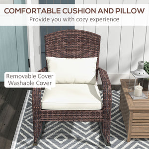 Outdoor Wicker Adirondack Rocking Chair, Patio Rattan Rocker Chair with High Back, Seat Cushion and Pillow for Garden, Porch, Balcony, Cream White/Brown