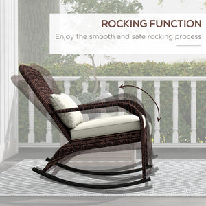 Outdoor Wicker Adirondack Rocking Chair, Patio Rattan Rocker Chair with High Back, Seat Cushion and Pillow for Garden, Porch, Balcony, Cream White/Brown