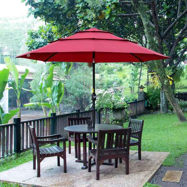 Outsunny 9FT 3 Tiers Patio Umbrella Outdoor Market Umbrella with Crank, Push Button Tilt for Deck, Backyard and Lawn, Wine Red