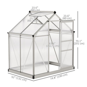 6' x 4' x 6.6' Polycarbonate Greenhouse, Walk-In Green House Kit Garden, Plants Grow, Galvanized Sheet Aluminum Frame with Rain Gutter, Vent and Sliding Door, Silver