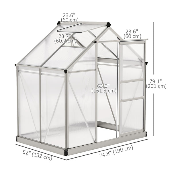 6' x 4' x 6.6' Polycarbonate Greenhouse, Walk-In Green House Kit Garden, Plants Grow, Galvanized Sheet Aluminum Frame with Rain Gutter, Vent and Sliding Door, Silver