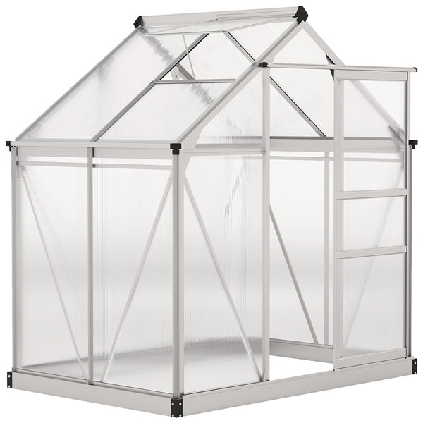 6' x 4' x 6.6' Polycarbonate Greenhouse, Walk-In Green House Kit Garden, Plants Grow, Galvanized Sheet Aluminum Frame with Rain Gutter, Vent and Sliding Door, Silver