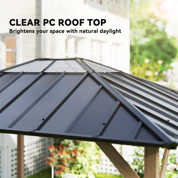 12' x 16' Hardtop Gazebo with Galvanized Steel Roof, Wood Permanent Pavilion Canopy Shelter with Clear Roof Top, UPF50+ Protection, Ceiling Hooks for Lawn, Backyard, Deck, Light Walnut