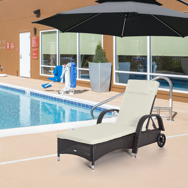 Wicker Chaise Lounge, Outdoor Lounge Chair, PE Rattan Patio Sun lounger with Head-rest, 5-Level Height Adjust Backrest, Cushion & Wheels, Deep Coffee and Cream White