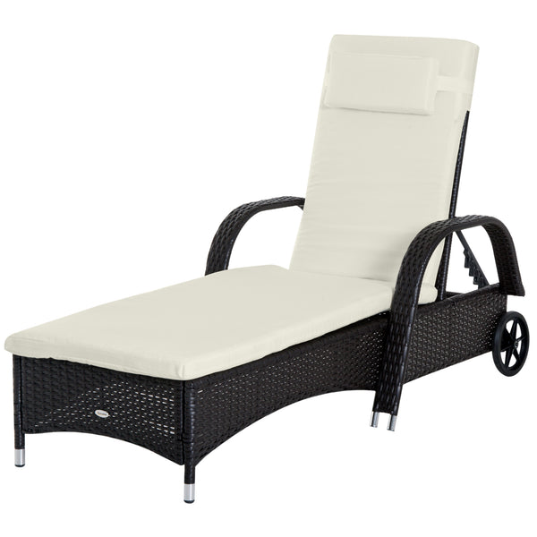 Wicker Chaise Lounge, Outdoor Lounge Chair, PE Rattan Patio Sun lounger with Head-rest, 5-Level Height Adjust Backrest, Cushion & Wheels, Deep Coffee and Cream White