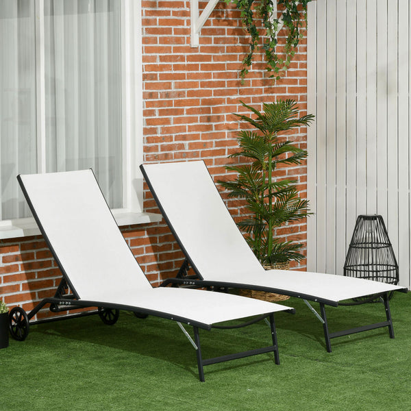 Lounge Chair Set of 2 with Wheels, Outdoor Chaise Lounge with 5-Level Adjustable Backrest for Garden, Backyard, Patio, Deck, Poolside, White