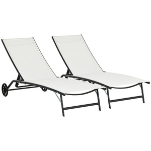 Lounge Chair Set of 2 with Wheels, Outdoor Chaise Lounge with 5-Level Adjustable Backrest for Garden, Backyard, Patio, Deck, Poolside, White