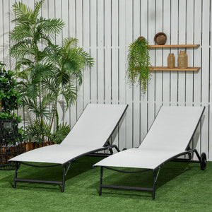 Lounge Chair Set of 2 with Wheels, Outdoor Chaise Lounge with 5-Level Adjustable Backrest for Garden, Backyard, Patio, Deck, Poolside, White