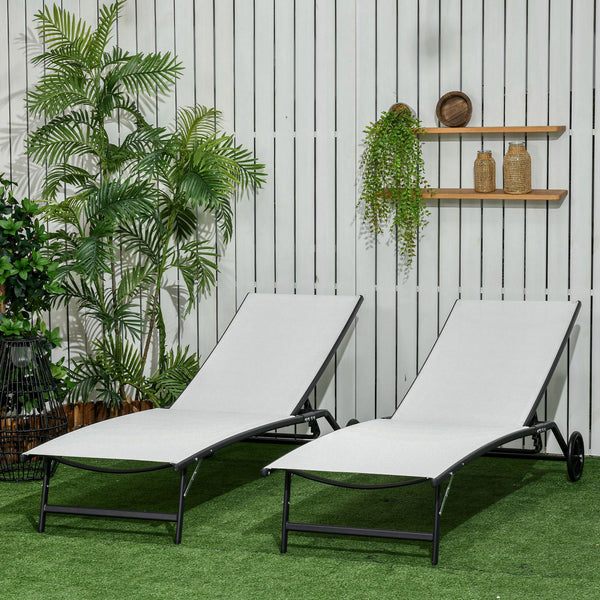 Lounge Chair Set of 2 with Wheels, Outdoor Chaise Lounge with 5-Level Adjustable Backrest for Garden, Backyard, Patio, Deck, Poolside, White