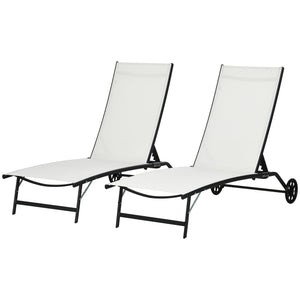Lounge Chair Set of 2 with Wheels, Outdoor Chaise Lounge with 5-Level Adjustable Backrest for Garden, Backyard, Patio, Deck, Poolside, White