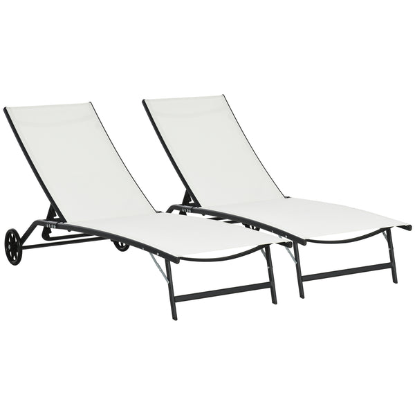 Lounge Chair Set of 2 with Wheels, Outdoor Chaise Lounge with 5-Level Adjustable Backrest for Garden, Backyard, Patio, Deck, Poolside, White