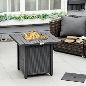 Rattan-style Propane Fire Pit Table with 40,000 BTU Burner, Square 28" Smokeless Gas Firepit with Thermocouple, Lava Rocks, Waterproof Cover, Spark Guard, and Lid
