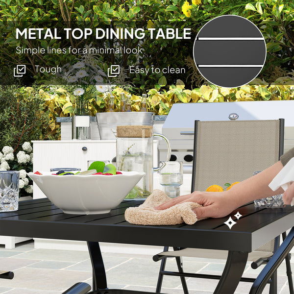 5 Pieces Garden Dining Set, 4 Seater Garden Furniture Set with Parasol Hole, Outdoor Dining Set with High Back Folding Chairs and Square Metal Top Table for Outdoor Patio, Khaki