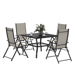 5 Pieces Garden Dining Set, 4 Seater Garden Furniture Set with Parasol Hole, Outdoor Dining Set with High Back Folding Chairs and Square Metal Top Table for Outdoor Patio, Khaki