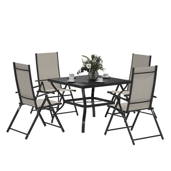 5 Pieces Garden Dining Set, 4 Seater Garden Furniture Set with Parasol Hole, Outdoor Dining Set with High Back Folding Chairs and Square Metal Top Table for Outdoor Patio, Khaki