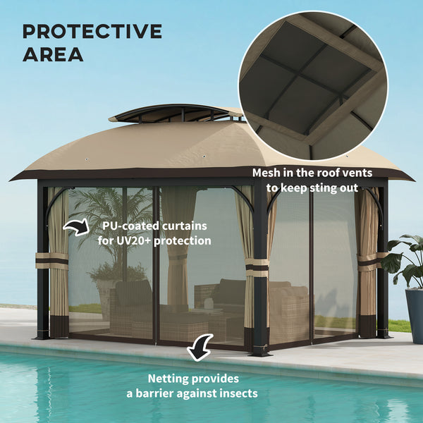  11' x 13' Patio Gazebo, Double Roof Outdoor Gazebo Canopy Shelter with Netting & Curtains, Galvanized Metal Frame for Garden, Lawn, Backyard and Deck, Khaki