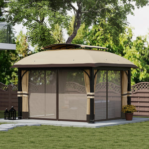  11' x 13' Patio Gazebo, Double Roof Outdoor Gazebo Canopy Shelter with Netting & Curtains, Galvanized Metal Frame for Garden, Lawn, Backyard and Deck, Khaki