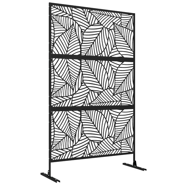 Metal Outdoor Privacy Screen, Decorative Outdoor Divider with Stand and Expansion Screws, Freestanding Privacy Panel for Garden, Backyard, Deck, Large Leaf Style, Black