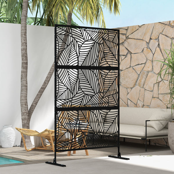Metal Outdoor Privacy Screen, Decorative Outdoor Divider with Stand and Expansion Screws, Freestanding Privacy Panel for Garden, Backyard, Deck, Large Leaf Style, Black