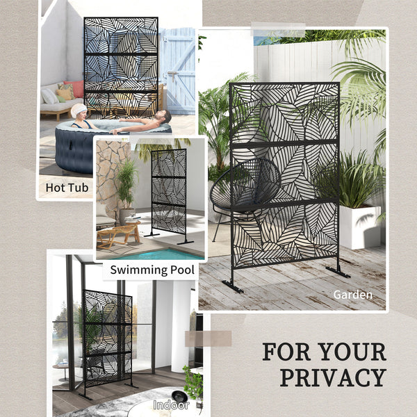 Metal Outdoor Privacy Screen, Decorative Outdoor Divider with Stand and Expansion Screws, Freestanding Privacy Panel for Garden, Backyard, Deck, Large Leaf Style, Black