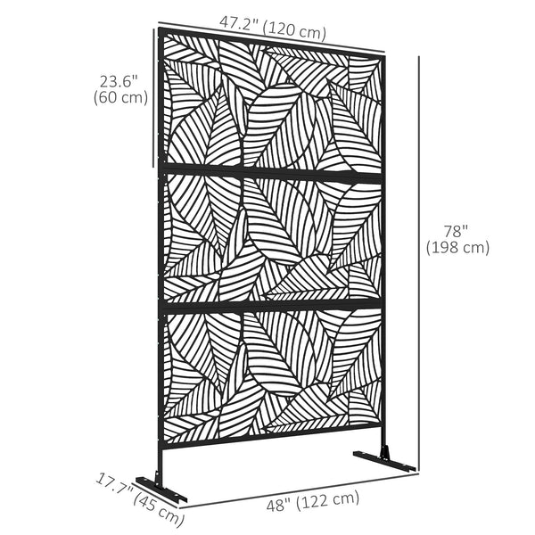 Metal Outdoor Privacy Screen, Decorative Outdoor Divider with Stand and Expansion Screws, Freestanding Privacy Panel for Garden, Backyard, Deck, Large Leaf Style, Black