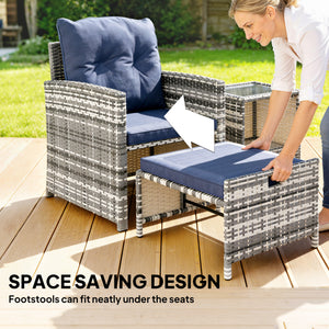 5 Piece Patio Furniture Set, Wicker Patio Chairs with Ottomans, 2-Tier Glass Coffee Table, Cushions, Outdoor Patio Furniture Conversation Set for Balcony, Grey/Dark Blue