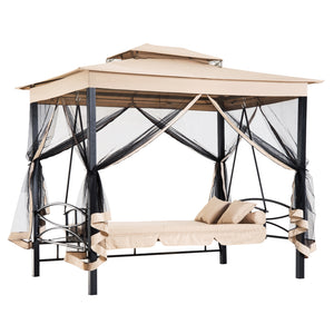 3 Person Outdoor Patio Daybed, 3 in 1 Canopy Gazebo Swing Chair Garden Hammock with Sun Shade, Mesh Mosquito and Net, Beige